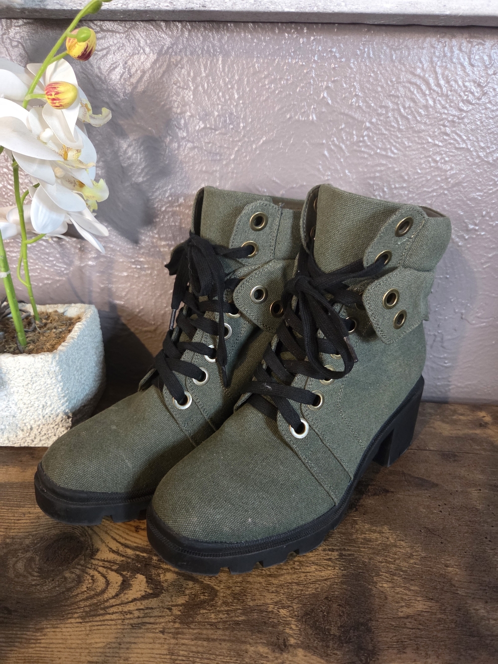 Maurices Olive Canvas Lace-Up Women's Combat Boots with Block Heel